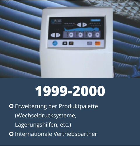 Erweiterung der Produktpalette  (Wechseldrucksysteme, Lagerungshilfen, etc.) Internationale Vertriebspartner 1999-2000